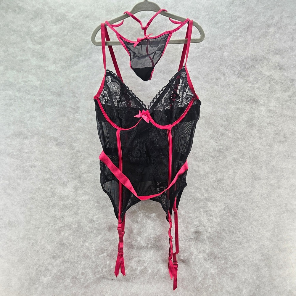 Adore Me Black Lace Teddy Corset & Thong Garter Straps Pink Trim Size Small EUC‎